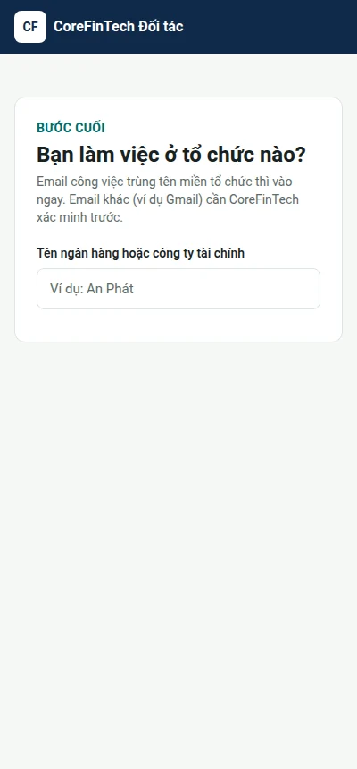 Điện thoại: Màn chọn tổ chức khi dùng email chưa được nhận diện