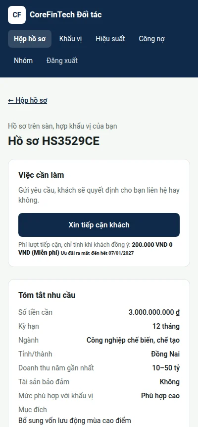 Điện thoại: Hồ sơ trên sàn với nút "Xin tiếp cận khách"
