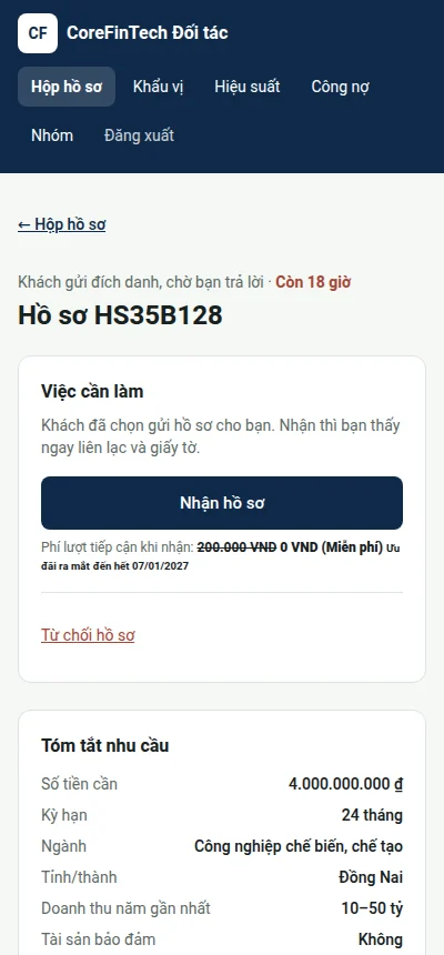 Điện thoại: Hồ sơ gửi đích danh với nút "Nhận hồ sơ"