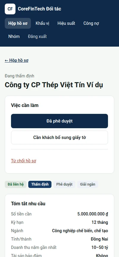 Điện thoại: Hồ sơ đang ở bước Thẩm định