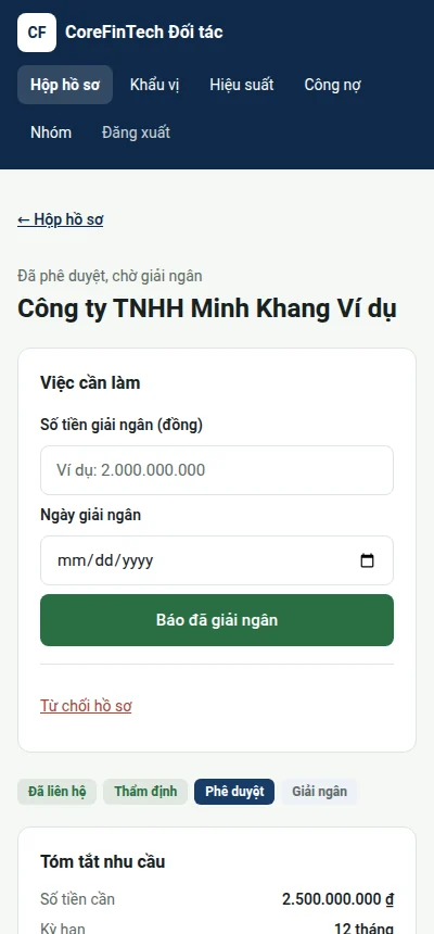 Điện thoại: Báo giải ngân: số tiền và ngày