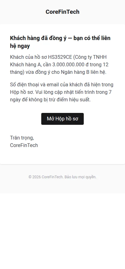 Điện thoại: Email báo khách đã đồng ý